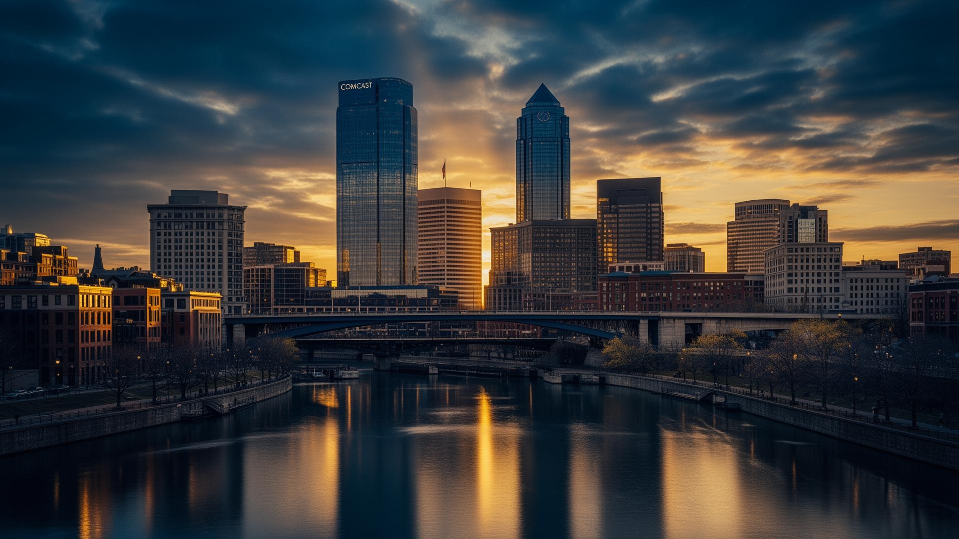 Philadelphia skyline at golden hour over the Schuylkill River — Philly26 Africa House
